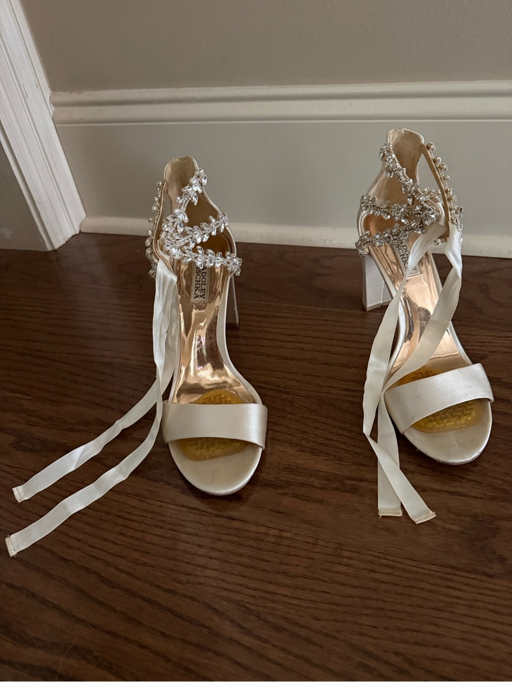 Badgley Mischka Ivory Satin Crystal Embellished Ankle Wrap Heels